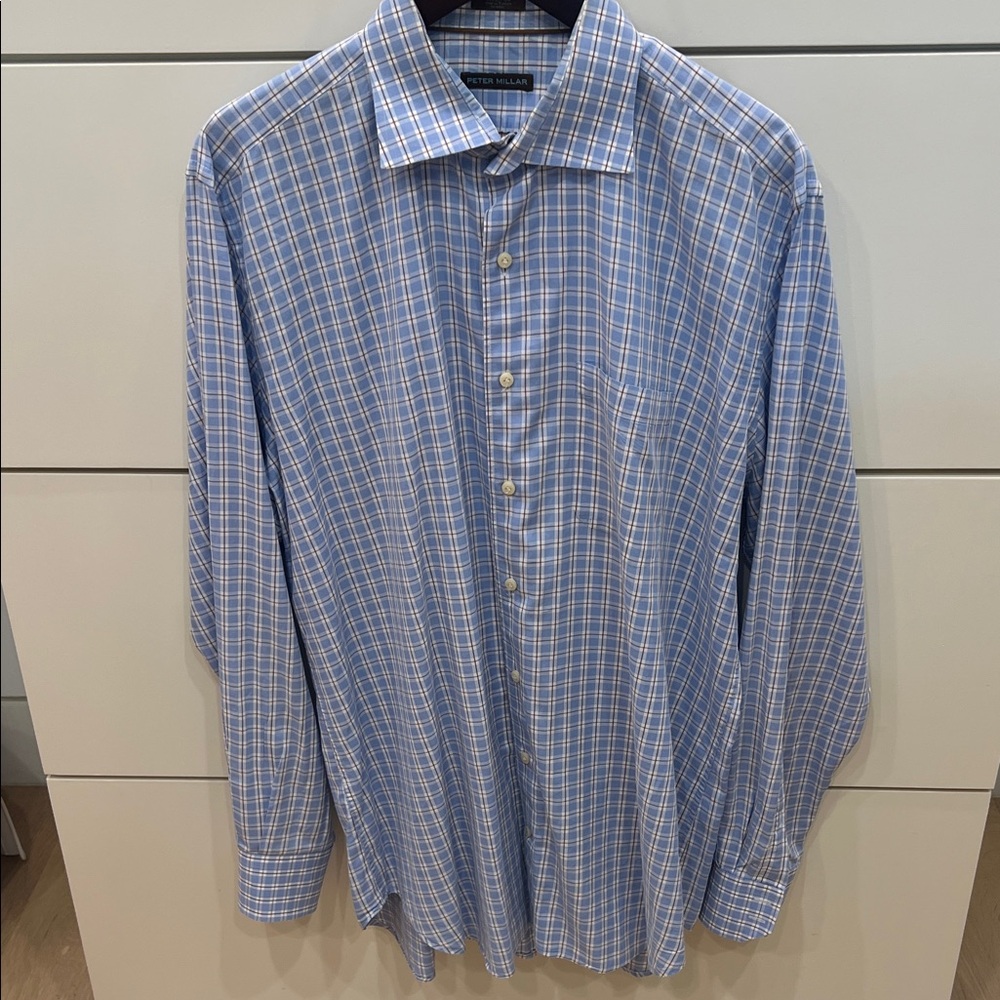 Peter Millar Light Blue & White Windowpane Dress Shirt